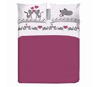 PENSIERI DELICATI Double Bed Sheet Set, 100% Cotton, 180 x 200 cm, Includes Bottom Sheet, Top Sheet and 2 Pillowcases, Made in Italy, Pink Kittens Pattern