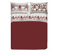 PENSIERI DELICATI Double Bed Sheet Set, 100% Cotton, 180 x 200 cm, Includes Bottom Sheet, Top Sheet and 2 Pillowcases, Made in Italy, Red Gnome Pattern