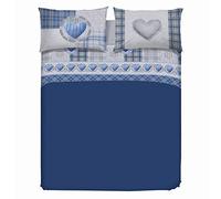 PENSIERI DELICATI Double Sheet Set, 100% Cotton, Double Bed Sheet Set Measuring 180 x 200 cm, Includes Bottom Sheet, Top Sheet And 2 Pillowcases, Made In Italy, Blue Love Mountain Pattern