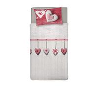 PENSIERI DELICATI Single Duvet Cover Set, 100% Cotton, Complete with 155 x 200 cm Bag and 1 Pillowcase 52 x 82 cm, Made in Italy, Duvet Cover Machine Washable At 40 Degrees, Red Hanging Heart Design