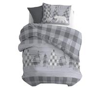 PENSIERI DELICATI Single Flannelette Duvet Cover Set, 100% Cotton, 155 x 200 cm Bag and Pillowcase 52 x 82 cm, Made in Italy, Machine Washable at 40 Degrees, Canada Grey Pattern