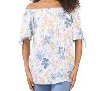 Penta Threads Italian Off Shoulder Bardot Tops for Women Summer Tops for Women UK Ladies Floral Print Blouse Short Sleeves Floral White Cotton Linen Shirts One Size 8-20