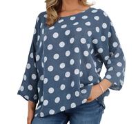 Penta Threads Italian Spotty Crop top Ladies Polka Dotted Shirt Fashion Blouse Round Neck Long Sleeves Casual Wear Denim Blue Cotton Summer Tops for Women UK Y2k One Size 10-18