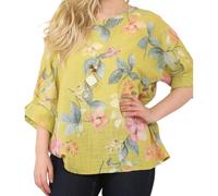 Penta Threads Ladies Italian Floral Print Cotton Tunic Top with Necklace Womens Long Sleeve Crew Neck Short Layering Casual Shirt One Size Mustard Blouse UK Fit 12-18