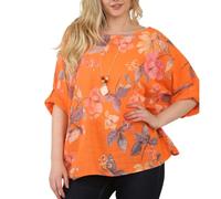 Penta Threads Ladies Italian Floral Print Cotton Tunic Top with Necklace Womens Long Sleeve Crew Neck Short Layering Casual Shirt One Size Orange Blouse UK Fit 12-18