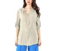Penta Threads Ladies Italian Plain Grandad Shirt Womens Lagenlook Tunic Top Cotton Blouse Long Sleeves Button Front Pocket One Size (8-16) Beige Nude Summer Tops for Women UK