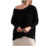 Penta Threads Ladies Waffle Knit Wool Jumper Ribbed Long Batwing Sleeves Casual Pullover Oversized Jumpers for Women UK Wide Neck Loose Fit Top One Size 12-18 (Black)