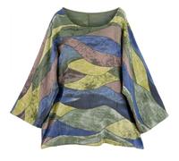 Penta Threads Wave Print Ladies Italian Tops Multicolor Summer Tops for Women UK Tunic Tops Cotton Blouses Y2k Round Neck Khaki Olive Shirt One Size 12 to 18