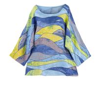Penta Threads Wave Print Ladies Italian Tops Multicolor Summer Tops for Women UK Tunic Tops Cotton Blouses Y2k Round Neck Light Blue Shirt One Size12 to 18