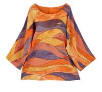 Penta Threads Wave Print Ladies Italian Tops Multicolor Summer Tops for Women UK Tunic Tops Cotton Blouses Y2k Round Neck Orange Shirt One Size 12 to 18