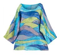 Penta Threads Wave Print Ladies Italian Tops Multicolor Summer Tops for Women UK Tunic Tops Cotton Blouses Y2k Round Neck Turquoise Blue Shirt One Size 12 to 18