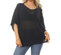 Penta Threads Women's 3/4 Batwing Sleeve Sheer Mesh Knit Jumper Tops Oversized Pullover Casual Coverups Ladies Blouse Loose Fit One Size 10-18 (UK, Numeric, 8, 16, Regular, Regular, Navy Blue, Plain)