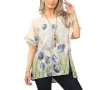 Penta Threads Women's Italian Lagenlook Tunic Top - Oversized Loose Fit Short Sleeve Round Neck Casual & Comfortable UK Fashion One Size 8-18 Y2K Tops Floral Stone Beige Women's Blouse