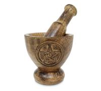 Pentagram Design Wooden Mortar & Pestle Set - Herb Grinder, Pill Crusher, Molcajete 4 inch High by 4" inch wide top, base 2.5" inch Dual Side Pentacle Design Handcarved by New Age Imports, Inc.