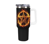Pentagram Fire and Flames Large Capacity Car Cup 40 Oz Stainless Steel Insulated Travel Cup with Handle Straw