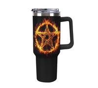 Pentagram Fire and Flames Large Capacity Car Cup 40 Oz Stainless Steel Insulated Travel Cup with Handle Straw