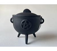 Pentagram Pentacle Cast Iron Cauldron with Lid and Handle, Witches Cauldron, Great for Use with Charcoal Incense, Smudge Sage, 4.25"