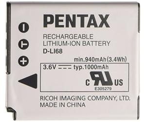 Pentax D-LI68 Lithium-Ion 1000mAh Rechargeable Battery (1000mAh, Lithium-Ion (Li-Ion), White)