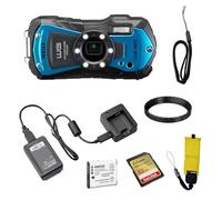 Pentax WG-90 Waterproof Digital Camera (Blue) | 2.7" LCD Monitor with 32GB Extreme UHS-I SDHC Memory Card and Waith Camera Strap (Yellow) (Essential Bundle)
