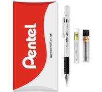 Pentel 120 Series Automatic Mechanical Pencil A315 + 12 HB Refill Leads + Tube of Eraser Refills - In Pillow Packaging (White, 0.5mm)