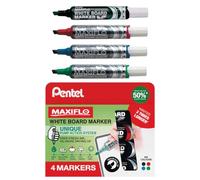 Pentel 5.7mm Chisel Tip Wallet 4 Maxiflo White Board Liquid Ink Marker - Black/Red/Blue/Green