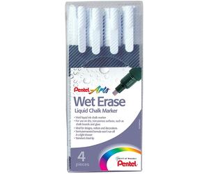 Pentel Arts Wet Erase Chalk Marker, Standard Chisel Tip White Ink Wallet of 4