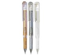 Pentel Assorted Colour Pack Hybrid Gel Grip DX Metallic Gel Pens Broad 1mm Tip Nib 0.5mm Line Width Gel ink K230-WO (1 Of Each Colour - 3 Pens - White, Metallic Gold, Metallic Silver)