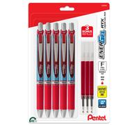 Pentel Energel Deluxe RTX 0.5 mm Red Needle Tip Pens - Retractable Liquid Gel Pen Set - Pack of 5 + 3 Refills