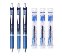 Pentel EnerGel Retractable Liquid Gel Pen 0.5mm Blue Ink Blue Body 3 Pens & 3 Ink Refills