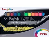 Pentel Fluorescent and Metallic Oil Pastels Set of 12 Assorted Colours, PHN-MF1