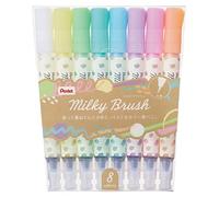 Pentel GFH-P8ST Milky Brush Colored Brush Pen, 8 Colors
