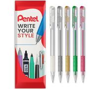 Pentel K118 Hybrid Gel Metallic Ink Pen - 0.8mm Tip Nib - With Rubber Finger Grip - White Ink + Silver, Gold, Red, Green Metallic Ink - In Envelope Gift Packaging Pack of 5