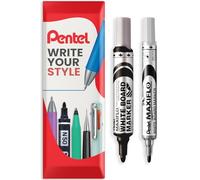Pentel Maxiflo Whiteboard Marker Pen - Fine & Medium Bullet Tip - Black Ink - Pack of 2 Pens in Envelope Gift Packaging