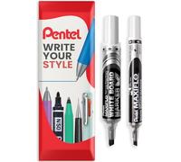 Pentel Maxiflo Whiteboard Marker Pen - Fine & Medium Chisel Tip - Black Ink - Pack of 2 Pens in Envelope Gift Packaging