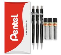 Pentel P200 Series Automatic Mechanical Pencils - HB Lead - 3 x Pencils + 3 Tubes of Refill Leads - In Envelope Gift Packaging (P205 (0.5mm))