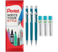 Pentel P200 Series Automatic Mechanical Pencils - HB Lead - 3 x Pencils + 3 Tubes of Refill Leads - In Envelope Gift Packaging (P207 (0.7mm))