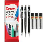 Pentel P200 Series Automatic Mechanical Pencils - HB Lead - 3 x Pencils + 3 Tubes of Refill Leads - In Envelope Gift Packaging (P205 (0.5mm))