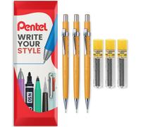 Pentel P200 Series Automatic Mechanical Pencils - HB Lead - 3 x Pencils + 3 Tubes of Refill Leads - In Envelope Gift Packaging (P209 (0.9mm))