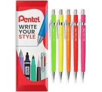 Pentel P205-FX Mechanical Automatic Pencil - Fluorescent Range - 0.5mm HB - Pack of 5 Pencils in Pillow Packaging - Green, Yellow, Orange, Red, Pink