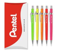 Pentel P205-FX Mechanical Automatic Pencil - Fluorescent Range - 0.5mm HB - Pack of 5 Pencils in Pillow Packaging - Green, Yellow, Orange, Red, Pink