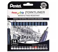 Pentel Pointliner Pigment Liner Technical Drawing Fineliner Pen S20P - 0.03mm to 3.0mm - Black, Sepia, Sanguine & Grey Ink - Pack of 14
