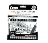 Pentel Pointliner Pigment Liner Technical Drawing Fineliner Pen S20P - 0.03mm to 3.0mm - Black, Sepia, Sanguine & Grey Ink - Pack of 14