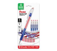 Pentel RSVP Ballpoint Pen (0.7mm) Fine Line Flag Barrel Black Ink 5 Pack
