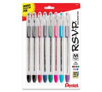 Pentel RSVP Original Ballpoint Pen, (1.0mm) Medium Line, Assorted Ink Colors, Clear Barrel, 8 Pack with Bonus Black Ink Pen