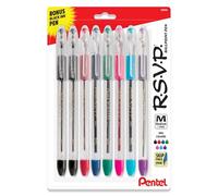 Pentel RSVP Original Ballpoint Pen, (1.0mm) Medium Line, Assorted Ink Colors, Clear Barrel, 8 Pack with Bonus Black Ink Pen