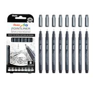 Pentel S20P Pointliner Pigment Liner Technical Drawing Fineliner Pen S20P - 0.03mm, 0.05, 0.1, 0.2, 0.3, 0.4, 0.5 & 0.8mm - Black Ink (Pack of 8)