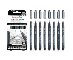 Pentel S20P Pointliner Pigment Liner Technical Drawing Fineliner Pen S20P - 0.03mm, 0.05, 0.1, 0.2, 0.3, 0.4, 0.5 & 0.8mm - Black Ink (Pack of 8)