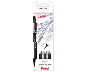 Pentel SESF30C-4 Brush Sign Pen Artist Brush Pen with Extra Fine Brush Tip, Set of 4, Assorted, Black, Grey, Pink, Light Blue