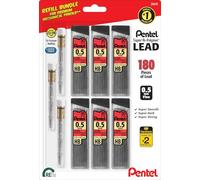Pentel Super Hi-Polymer HB 0.5 mm Lead Refill Pack - 6 Packs of 30 Leads & 3 Packs of 4 Latex-Free White Erasers - Mechanical Pencil Refills