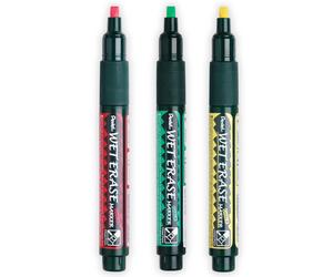 Pentel Wet Erase Chalk Marker Pen Medium Chisel Tip Green, Red, Yellow Pack of 3